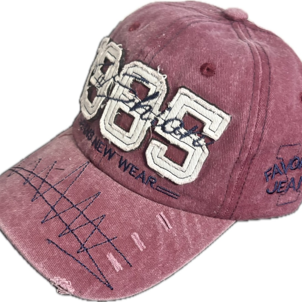 Vintage Distressed Embroidered Wine Red Baseball Cap – Retro 1985 Style